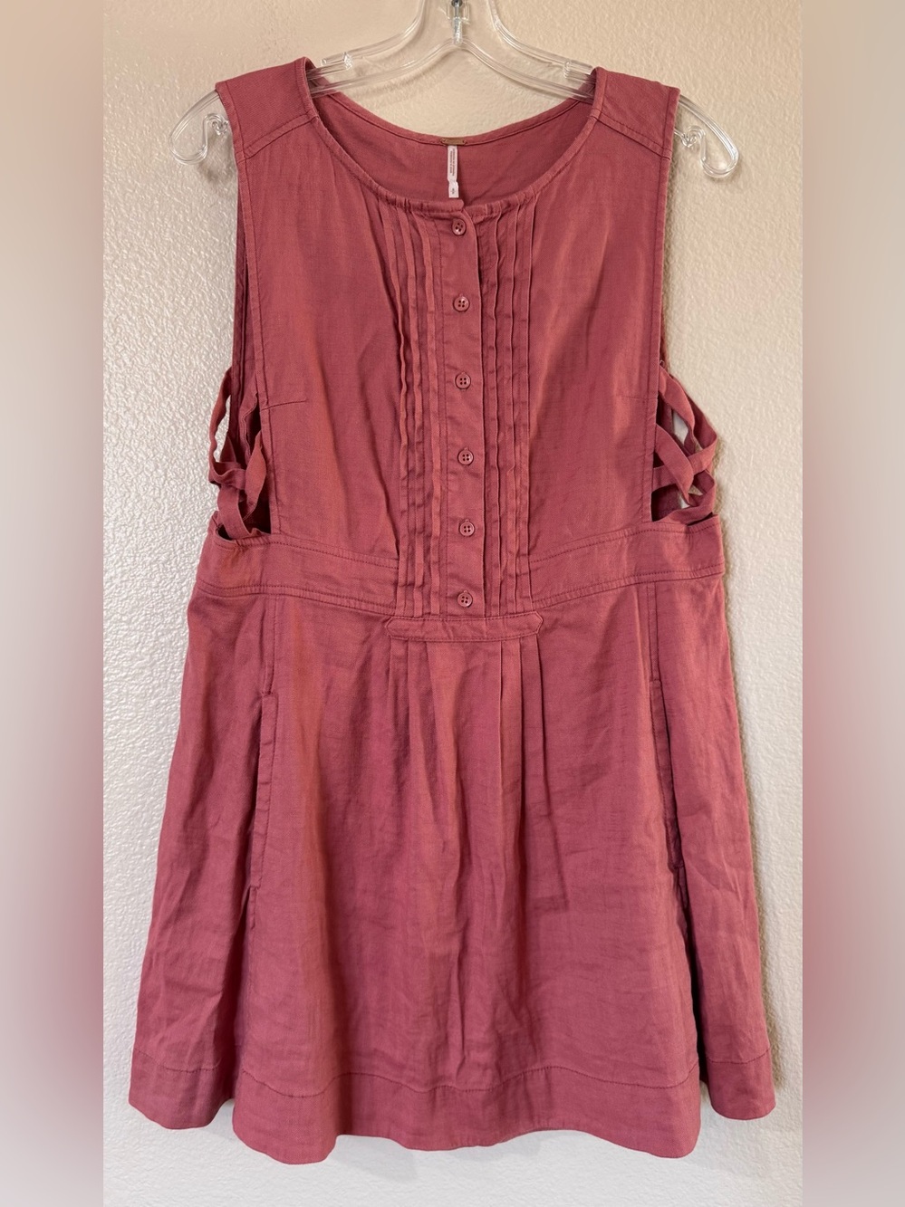 Free People Moonshine Linen Blend Mini Dress Pintuck Cutout Pink Small S